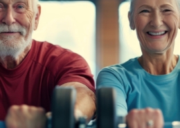 An older couple lifting weights together so they can achieve optimal health.