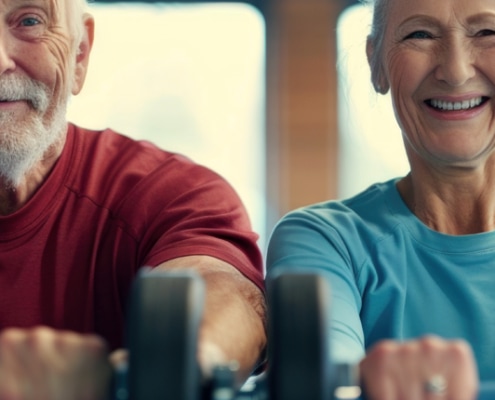 An older couple lifting weights together so they can achieve optimal health.